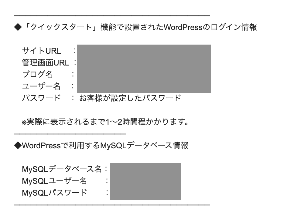 ワードプレス管理画面へアクセスするための情報が書かれたメールの一部